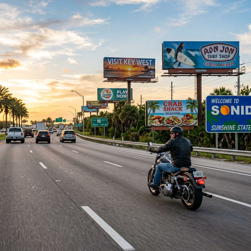 A motorcycle ride on a Florida highway with billboards