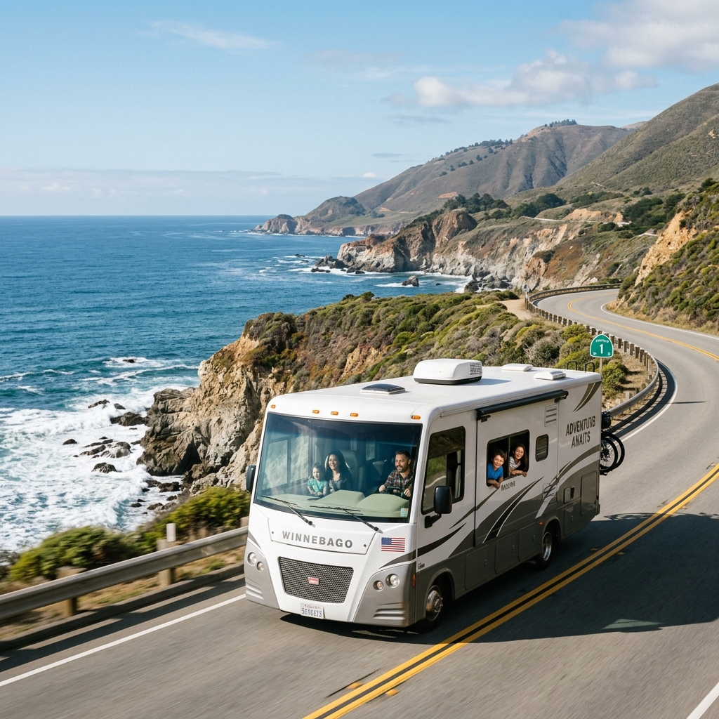 A wonderful American family driving an RV along Highway 1